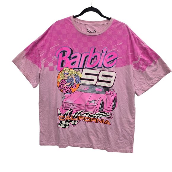 Barbie Tops - BARBIE CALIFORNIA T-SHIRT pink 80s race car checkered BIG LOGO FRONT BACK 2XL